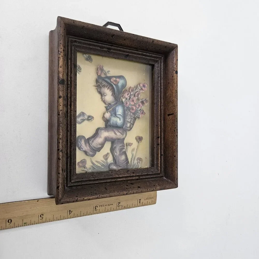 Vintage Hummel Style Shadow Box Frame 3D Art Boy with Flowers Wall Decor Mid